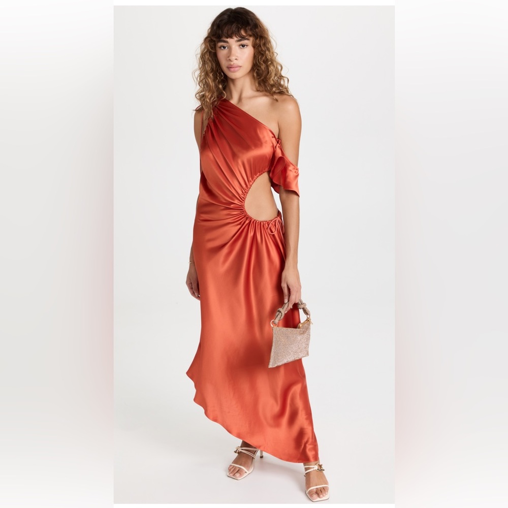 cult gaia One-Shoulder Satin Cutout Dress in Burnt Orange